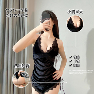 花俏新品情趣内衣丝绒交叉系带睡裙露背纯欲开衩诱惑睡衣qqny代发