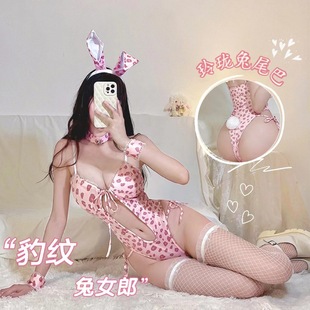豹纹兔女郎情趣内衣纯欲性感开裆连体制服激情诱惑角色扮演女套装