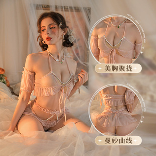 花俏情趣内衣性感珍珠挂脖女仆三点火辣制服qqny套装胸衣荷叶花边