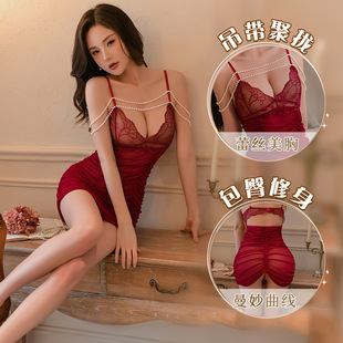 花俏情趣内衣性感火辣深V珍珠链吊带裙透视露背褶皱纱露乳睡裙女