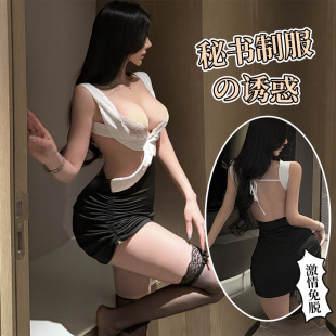 花俏情趣内衣深V交叉镂空露胸秘书装蕾丝透视性感包臀夜店连衣裙