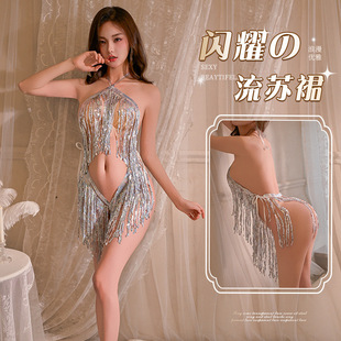 花俏情趣内衣闪闪亮片性感夜店女王镂空拉丁服流苏短裙制服套装