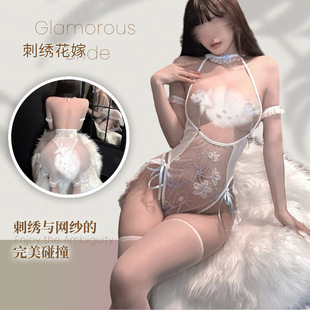 花俏情趣内衣性感爆乳开裆诱惑刺绣花嫁连体衣套装露臀泳衣装qqny