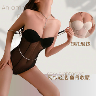 花俏情趣内衣鱼骨收腰链条女吊带连体衣性感网纱拼接收腰紧身代发