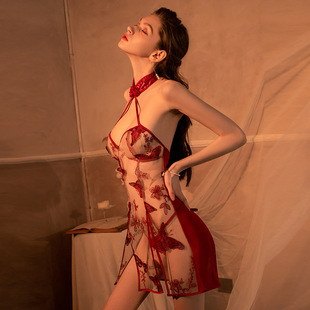 花俏情趣内衣蝴蝶绣花睡衣性感复古旗袍风制服诱惑大码套一件代发