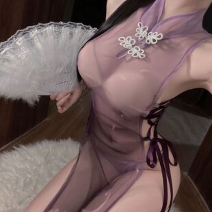 花俏情趣内衣紫旗袍辣妹女开衩绑带透明纯欲网纱激情诱惑印花免脱