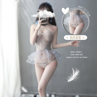 花俏新款新货性感交叉肩带透明网纱连衣短裙头饰套装制服诱惑代发