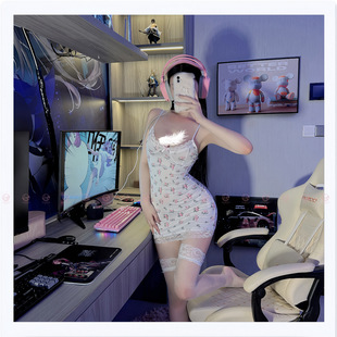 情趣内衣小碎花撞色蕾丝拼接性感低胸纯欲风吊带包臀性感睡衣短裙