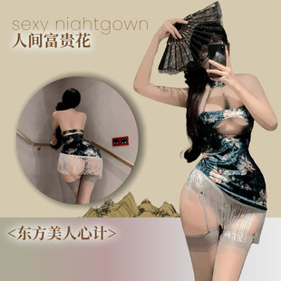 花俏古风丝绒旗袍情趣内衣流苏性感牡丹印花纯欲诱惑女包臀裙代发